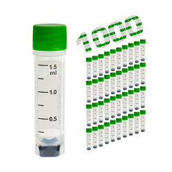 cryoking 1.5ml clear polypropylene sterile cryovials with external thread and green caps assembled.  cryovials come with 2d code on the bottom, side barcode and marked graduations.  25 cryovials/bag|88-9152
