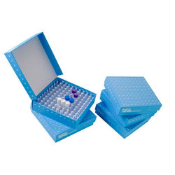 cryoking,id-colortm cardboard freezer boxes, 1 inch, 133mm*133mm*35mm，100-well, blue color, alphanumeric identifications,divider material: pp,  -86oc to 121oc,5 pieces/pack, 4 packs/case|90-8100