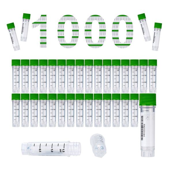 cryoking 1.5ml clear polypropylene sterile cryovials with external thread and green caps assembled.  cryovials have writing patch and marked graduations.  25 cryovials/bag, 20 bags/pack, 2 packs/case|88-6152