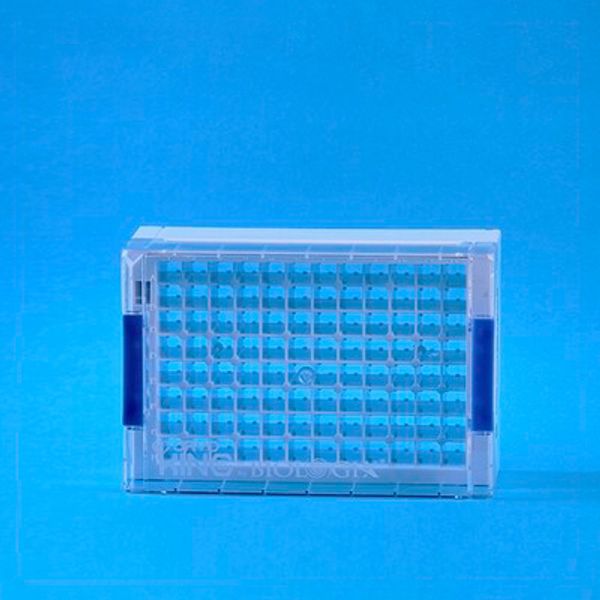 cryoking 96-well rack for 300 & 500ul screw cap minitubes. these square well racks feature 1d barcodes along 3 sides and a 2d on the bottom. the mechanical locking system ensures your samples stay sec|98-4127
