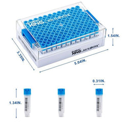 cryoking sbs combo, 0.75ml vials + rack；vial caps: sky blue. dimensions(mm): 128x85x56. sterile. rnase& dnase free, non-pryogenic,working temperature : -196 ℃--120 ℃，96 vials/1 sets/bag ,10 bags/pack|89-5081