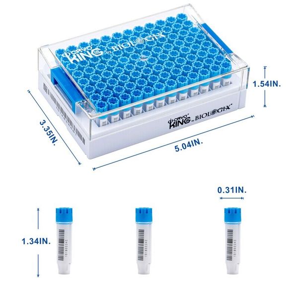 cryoking sbs combo, 0.75ml vials + rack；vial caps: sky blue. dimensions(mm): 128x85x56. sterile. rnase& dnase free, non-pryogenic,working temperature : -196 ℃--120 ℃，96 vials/1 sets/bag ,10 bags/pack|89-5081