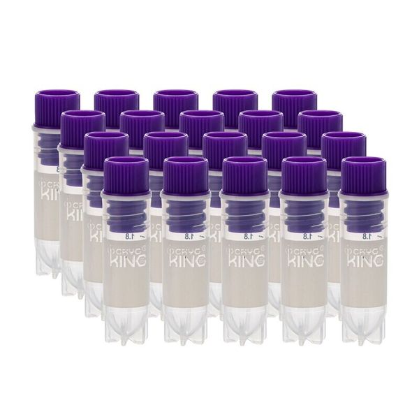 cryoking 2.0ml clear polypropylene sterile cryovials with internal thread and purple caps assembled.  cryovials have writing patch and marked graduations.  25 cryovials/bag, 20 bags/pack, 2 packs/case|88-3215