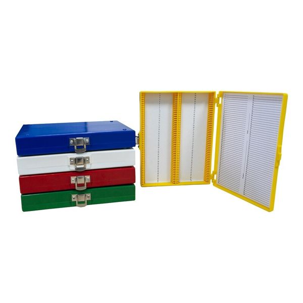 biologix 100-place (8.25x6.37x1.25”) assorted color (red, yellow, green, blue and white) non-sterile abs material slide storage box with foam lining for use with 1” and 3” microscope slides.  comes wi|41-5100