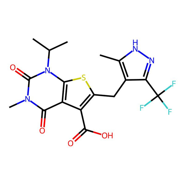 1-Isopropyl-3-methyl-6-((5-methyl-3-(trifluoromethyl)-1H-pyrazol-4-yl)methyl)-2,4-dioxo-1,2,3,4-tetrahydrothieno[2,3-d]pyrimidine-5-carboxylic acid|CS-0015429|733810-92-9
