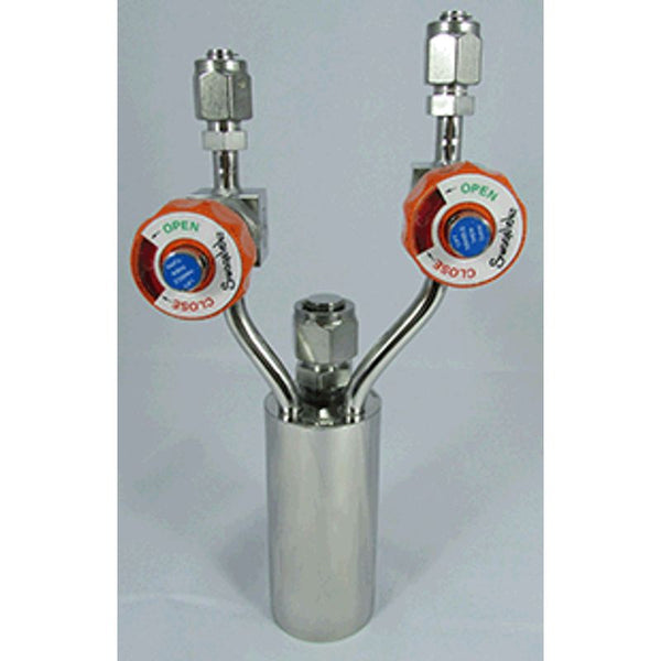Stainless steel bubbler, 150ml, vertical, electropolished with fill-port, replaceable-seat valves with rotated handles, DOT 4B|95-3000