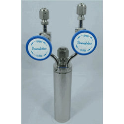 Stainless steel bubbler, 300ml, vertical, electropolished with fill-port, high temp valves (315°C) with rotated handles|98-0280