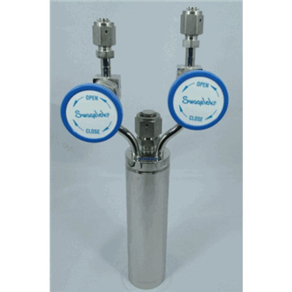 Stainless steel bubbler, 300ml, vertical, electropolished with fill-port, high temp valves (315°C) with rotated handles|98-0280
