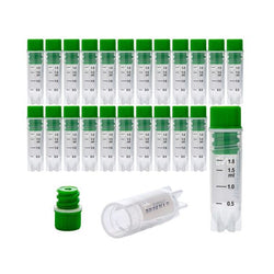 cryoking 2.0ml clear polypropylene sterile cryovials with internal thread and green caps assembled.  cryovials have writing patch and marked graduations.  25 cryovials/bag, 20 bags/pack, 2 packs/case|88-6212