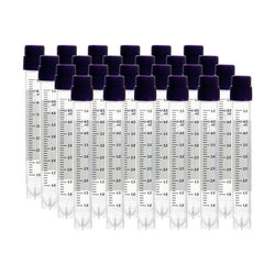 cryoking 5.0ml clear polypropylene sterile cryovials with external thread and purple caps assembled.  cryovials come with side barcode and marked graduations.   25 cryovials/bag, 20 bags/pack, 2 packs|88-6505S