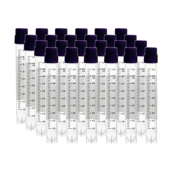 cryoking 5.0ml clear polypropylene sterile cryovials with external thread and purple caps assembled.  cryovials come with side barcode and marked graduations.   25 cryovials/bag, 20 bags/pack, 2 packs|88-6505S