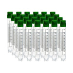 cryoking 5.0ml clear polypropylene sterile cryovials with external thread and green caps assembled.  cryovials come with side barcode and marked graduations.  25 cryovials/bag, 20 bags/pack, 2 packs/c|88-6502S