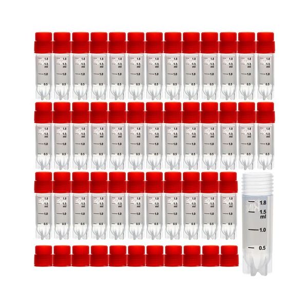 cryoking 2.0ml clear polypropylene sterile cryovials with external thread and red caps assembled.  cryovials have writing patch and marked graduations.  25 cryovials/bag, 20 bags/pack, 2 packs/case, p|88-3201S
