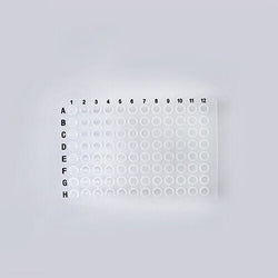 biologix 96 well clear polypropylene non-sterile (rnase & dnase free) non-skirted pcr plates with a working volume of 0.2ml per well.  plates have alphanumeric well coding for identification purposes.|60-0016