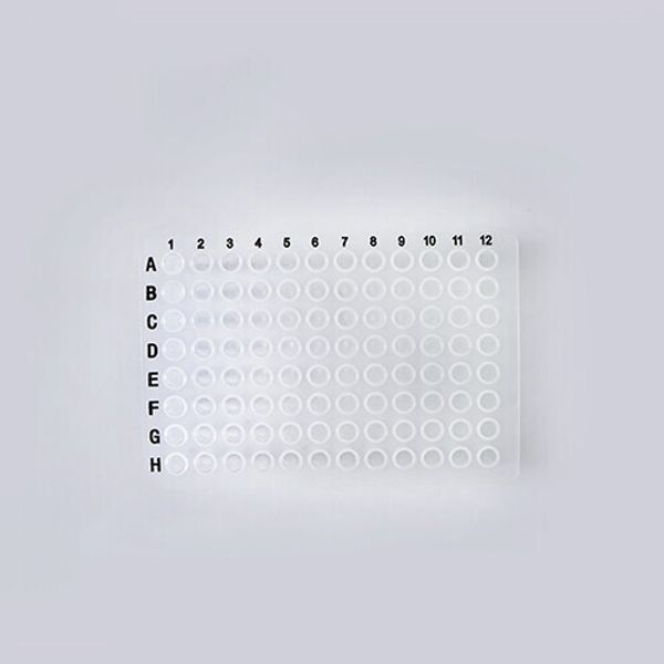 biologix 96 well clear polypropylene non-sterile (rnase & dnase free) non-skirted pcr plates with a working volume of 0.2ml per well.  plates have alphanumeric well coding for identification purposes.|60-0016