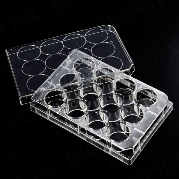 biologix 12-well (external dimensions: 85.4mm(w)x127.6mm(l)x20.2mm(h) | well dimesions: 21.9mm(d)x17.5mm(h) | working volume: 2ml) clear polystyrene (tc-treated) sterile cell culture plates with lids.|07-6012