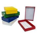 biologix 25-place (5.5x3.75x1.25”) assorted color (red, yellow, green, blue and white) non-sterile abs material slide storage box with foam lining for use with 1” and 3” microscope slides.  comes with|41-5025