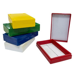 biologix 25-place (5.5x3.75x1.25”) assorted color (red, yellow, green, blue and white) non-sterile abs material slide storage box with foam lining for use with 1” and 3” microscope slides.  comes with|41-5025