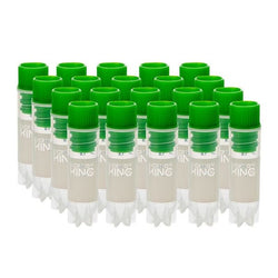 cryoking 2.0ml clear polypropylene sterile cryovials with internal thread and green caps assembled.  cryovials have writing patch and marked graduations. 25 cryovials/bag, 20 bags/pack, 2 packs/case|88-3212