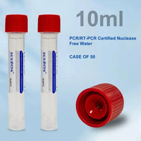 pcr grade water for pcr or rt-pcr applications, tested to be nuclease free and prokaryotic and eukaryotic genomic dna free. sterile. 10 ml per vial, pack of 50 vials, 10 packs/case, case of 500 vials.|19-6010-50C