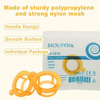 biologix 70μm sterile nylon mesh cell strainer with orange polypropylene frame featuring molded tab for easy handling. (compatible with biologix 50ml centrifuge tubes.) strainers come individually wra|15-1070