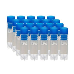 cryoking 2.0ml clear polypropylene sterile cryovials with internal thread and blue caps assembled.  cryovials have writing patch and marked graduations. 25 cryovials/bag, 20 bags/pack, 2 packs/case, p|88-3213
