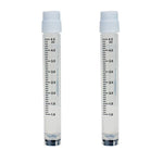cryoking 5.0ml clear polypropylene sterile cryovials with external thread and white caps assembled.  cryovials come with 2d code on the bottom, side barcode and marked graduations.  25 cryovials/bag|88-9500