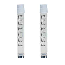 cryoking 5.0ml clear polypropylene sterile cryovials with external thread and white caps assembled.  cryovials come with 2d code on the bottom, side barcode and marked graduations.  25 cryovials/bag|88-9500
