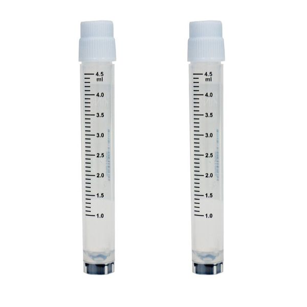 cryoking 5.0ml clear polypropylene sterile cryovials with external thread and white caps assembled.  cryovials come with 2d code on the bottom, side barcode and marked graduations.  25 cryovials/bag|88-9500