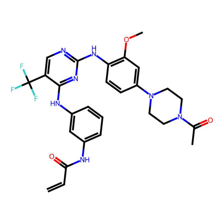 Rociletinib, 98%, an orally delivered kinase inhibitor that specifically targets the mutant forms of EGFR including T790M, and the Ki values for EGFRL858R/T790M and EGFRWT are 21.5 nM and 303.3 nM, respectively.|1684920|1374640-70-6
