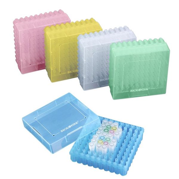 biologix 2 inch 100 well polypropylene freezer box (dimensions: 132x132x53mm) with removable lid. boxes/lids have numeric grid for identification purposes. boxes come in assorted colors (clear, pink|90-9200