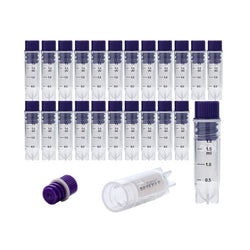 cryoking 2.0ml clear polypropylene sterile cryovials with internal thread and purple caps assembled.  cryovials have writing patch and marked graduations. 25 cryovials/bag, 20 bags/pack, 2 packs/case|88-6215