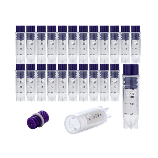 cryoking 2.0ml clear polypropylene sterile cryovials with internal thread and purple caps assembled.  cryovials have writing patch and marked graduations. 25 cryovials/bag, 20 bags/pack, 2 packs/case|88-6215