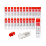 cryoking 2.0ml clear polypropylene sterile cryovials with internal thread and red caps assembled.  cryovials have writing patch and marked graduations.  25 cryovials/bag, 20 bags/pack, 2 packs/case, w|88-6211