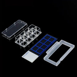 cell culture slide, 8 wells, ps frame, glass slide, pp holder, 0.2~0.6ml, sterile, dnase&rnase free, non-pyrogenic,6 /pack, 2 packs/case|07-2108