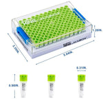 cryoking sbs combo, 0.4ml vials + rack；vial caps: lime green. dimensions(mm): 128x85x56. sterile. rnase& dnase free, non-pryogenic,working temperature : -196 ℃--120 ℃，96 vials/1 sets/bag ,10 bags/pack|89-5042