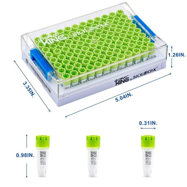 cryoking sbs combo, 0.4ml vials + rack；vial caps: lime green. dimensions(mm): 128x85x56. sterile. rnase& dnase free, non-pryogenic,working temperature : -196 ℃--120 ℃，96 vials/1 sets/bag ,10 bags/pack|89-5042