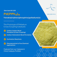 graphic for Pd(PPh3)4,  Tetrakis(triphenylphosphine)palladium(0), 𝐓𝐡𝐞 𝐏𝐫𝐨𝐭𝐨𝐭𝐲𝐩𝐞 𝐨𝐟 𝐏𝐚𝐥𝐥𝐚𝐝𝐢𝐮𝐦 𝐂𝐫𝐨𝐬𝐬-𝐂𝐨𝐮𝐩𝐥𝐢𝐧𝐠 𝐂𝐚𝐭𝐚𝐥𝐲𝐬𝐭𝐬, with the yellow-green powder, includes chemical structure, CAS number 14221-01-3,  the catalyst's use in cross-coupling reactions. 