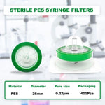 biologix sterile syringe filter, membrane: pes,pore size: 0.22μm,diameter:25mm. female luer lock + male luer slip. individually packed, 100 pcs/pack, 4 packs/case|08-PES2522R