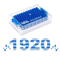 cryoking 250ul sbs format screw top minitubes with blue caps. vials come loaded into a barcoded 96-well rack with square wells to eliminate slip. the internally threaded cryovials feature 2d barcodes|89-4233