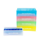 biologix 50ml capacity assorted colored (clear, blue, green, red and yellow) polypropylene non-sterile solution basins.  one side of basin features 12-channels with 5ml capacity & the other side of ba|25-1202
