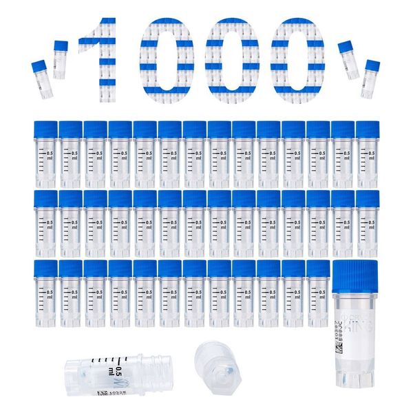cryoking 1.0ml clear polypropylene sterile cryovials with external thread and blue caps assembled.  cryovials have writing patch and marked graduations. 25 cryovials/bag, 20 bags/pack, 2 packs/case, w|88-6053