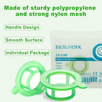 biologix 100μm sterile nylon mesh cell strainer with green polypropylene frame featuring molded tab for easy handling. (compatible with biologix 50ml centrifuge tubes.) strainers come individually wra|15-1100