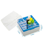 biologix 2 inch 25 well polycarbonate freezer box (dimensions: 75x75x52mm) with removable lid. boxes/lids have numeric grid for identification purposes. boxes come in assorted colors (red, yellow, gre|90-9250