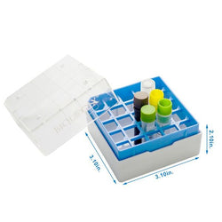 biologix 2 inch 25 well polycarbonate freezer box (dimensions: 75x75x52mm) with removable lid. boxes/lids have numeric grid for identification purposes. boxes come in assorted colors (red, yellow, gre|90-9250