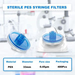 biologix sterile syringe filter, membrane: pes,pore size: 0.45μm,diameter:33mm. double luer lock.  100 pcs/pack, 4 packs/case|08-PES3345S