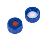 Sample vial caps, 9 mm, red PTFE/white silicone septa, open, blue screw top cap|940292
