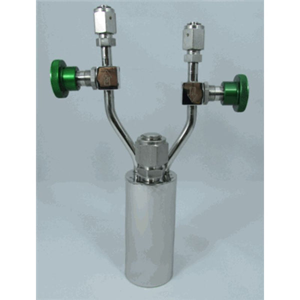 Stainless steel bubbler, 150ml, vertical, electropolished with fill-port, high temp valves (315°C), with short dip tube, cut to 1 inch from top of bubbler, DOT 4B|95-0276