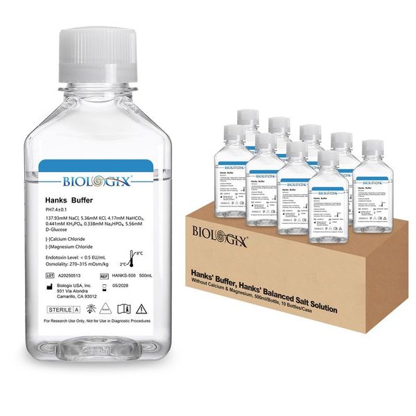 Hanks buffer（1×）（ without Ca2+&Mg2+），pH7.4，Sterile, No phenol red ,Storage conditions: 2~8℃，500mL/ Bottle, 10 Bottles/Case|HANKS-500