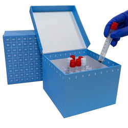 cryoking 3.75 inch 81 well water resistant id-color? cardboard freezer boxes with hinged lid and divider made of abs material.  boxes have marked alphanumeric grid for identification purposes. boxes c|90-8381